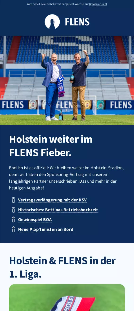 Vorschau des Newsletters "Flensburger Flaschenpost", Ausgabe 1 vom August 2024 mit dem Thema: Vertragsverlängerung mit unserem Sponsoringpartner KSV.