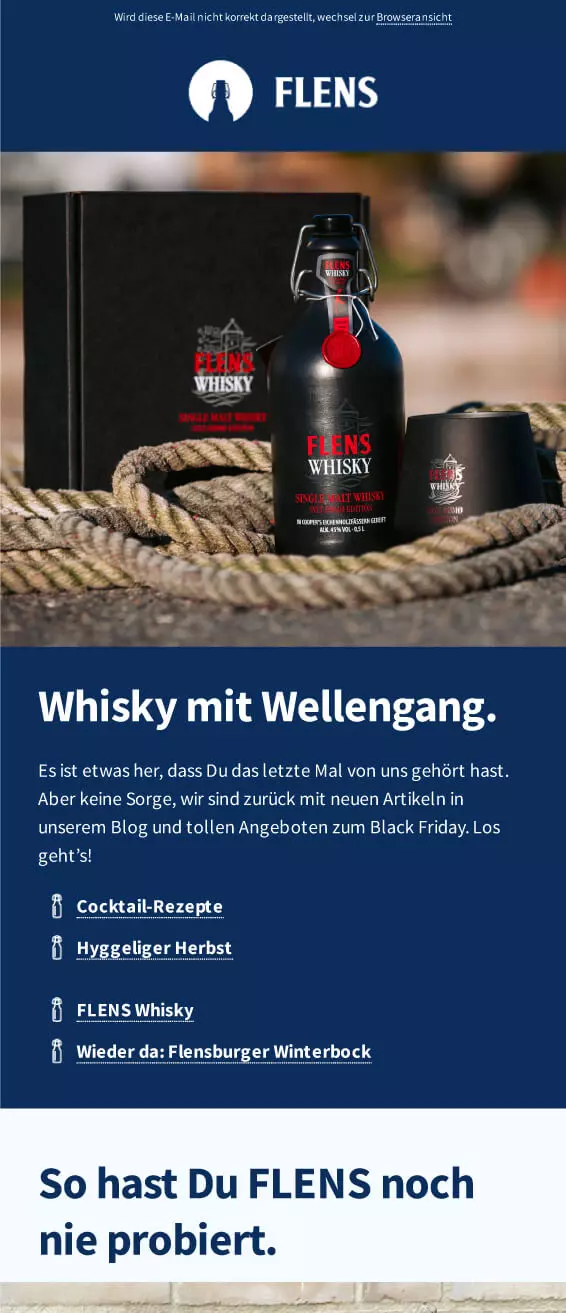 Vorschau des Newsletters "Flensburger Flaschenpost", November-Ausgabe 2024 mit dem Thema: Neuer FLENS Whisky, die Sylt-Rømø Edition.