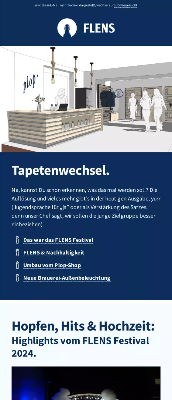 Vorschau des Newsletters "Flensburger Flaschenpost", September-Ausgabe 2024 mit dem Thema: Plop-Shop-Renovierung.