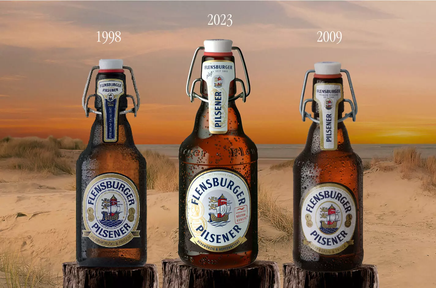 Vergleich der drei Designs der FLENS Bügelverschlussflasche von 1998, 2009 und 2023.